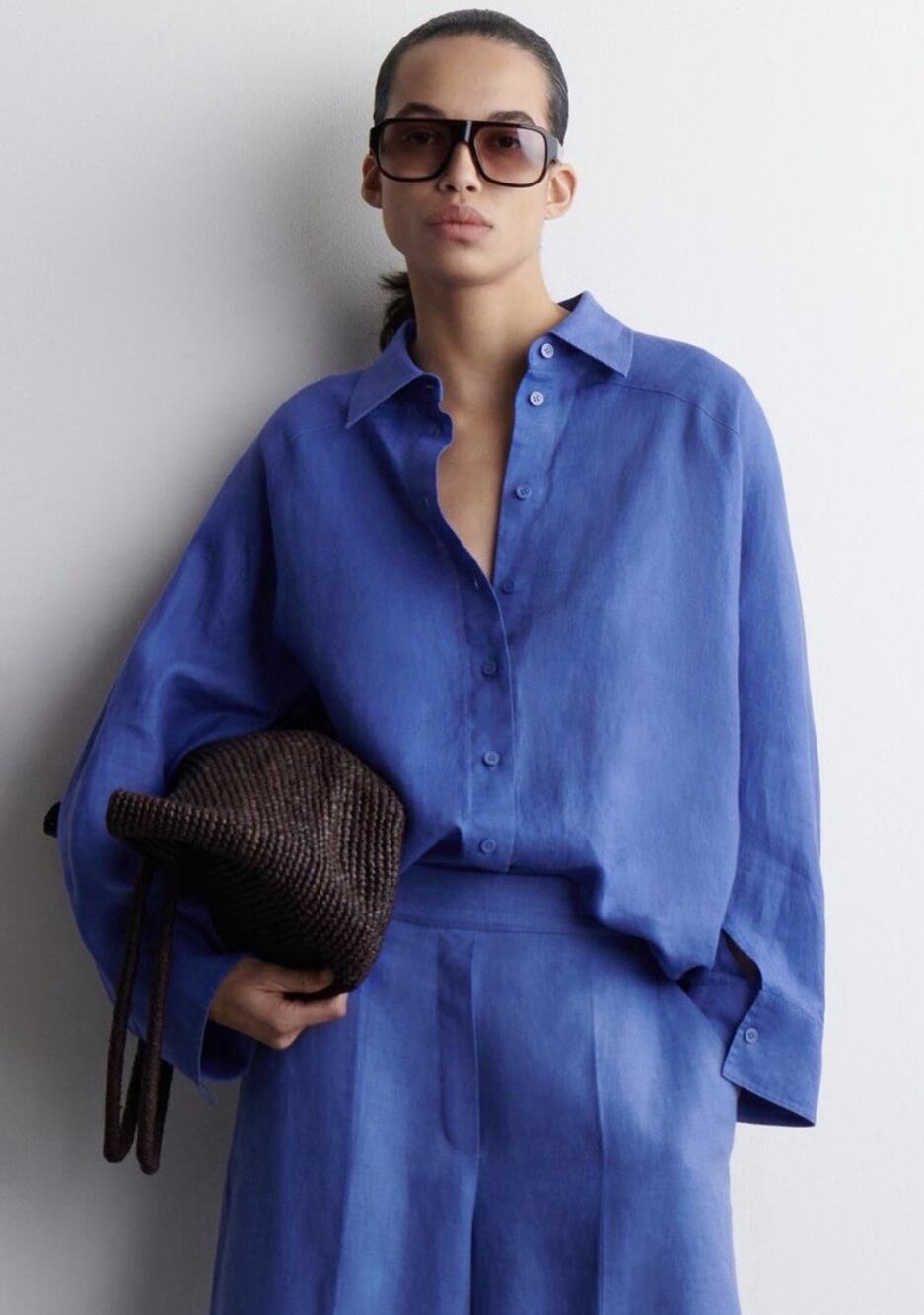 COS Boxy Linen Shirt Blue Long Sleeve Relaxed Oversized Lagenlook Medium